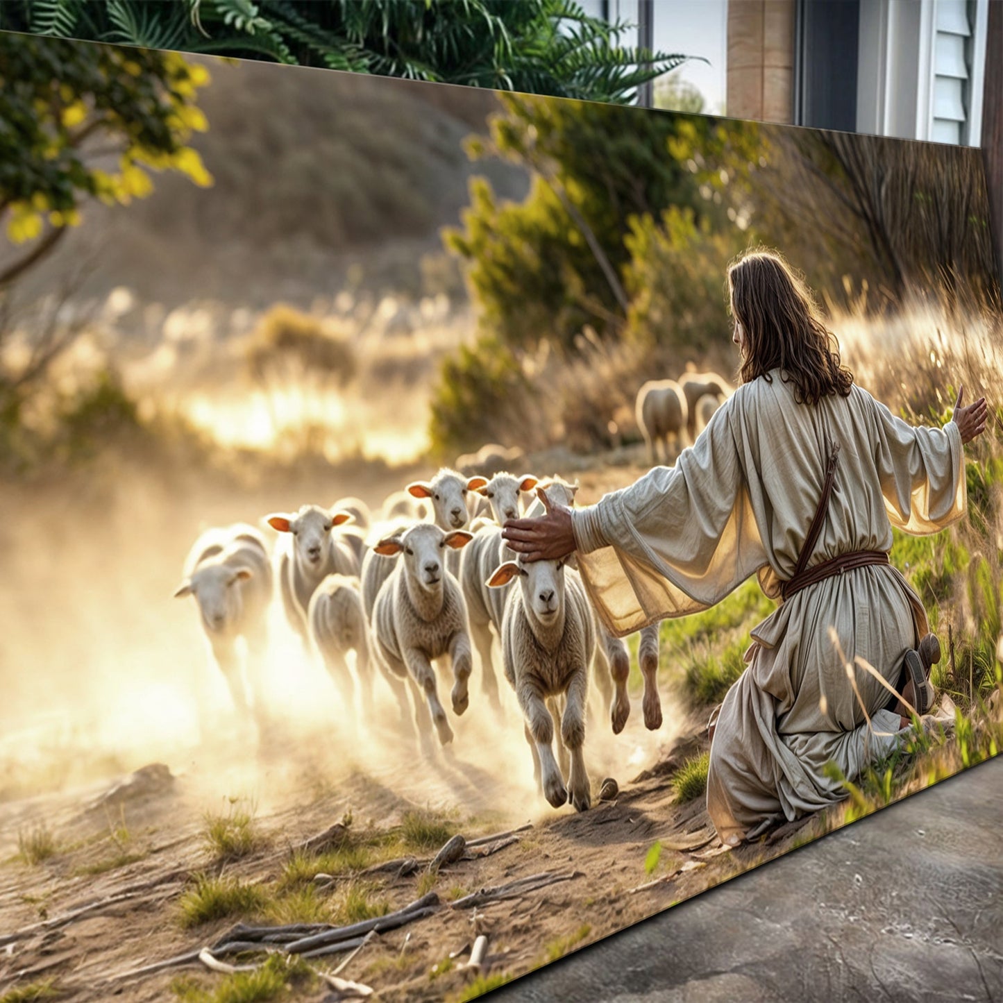 Christian Wall Canvas Jesus Protects Sheep from Wolves