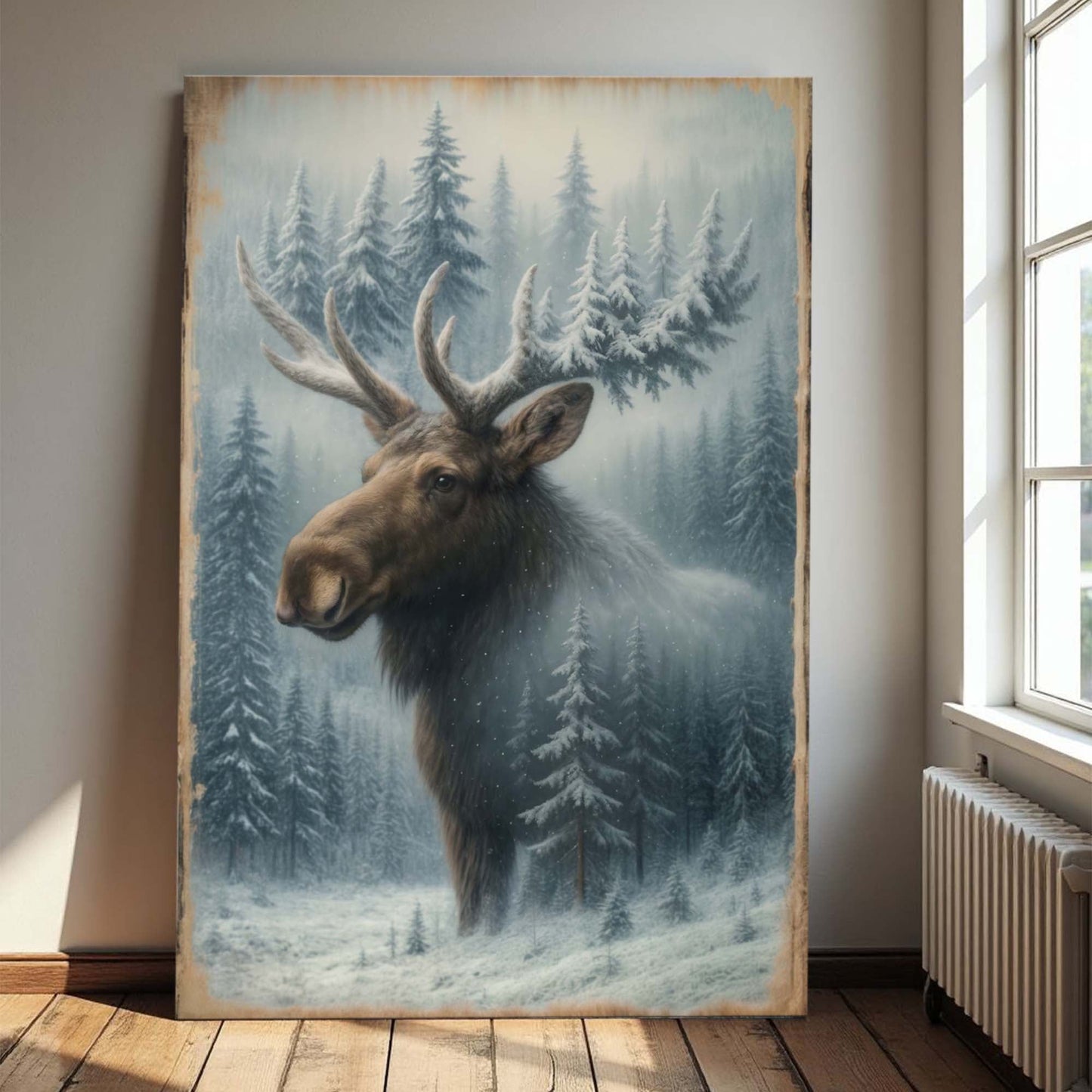 Snowy Forest Moose Double Exposure Canvas Wall Art