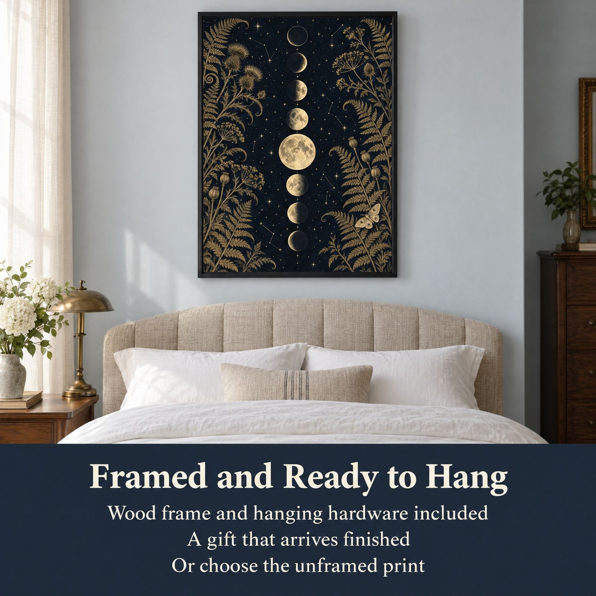 Framed and ready to hang, wood frame and hardware included: what you get with the gothic moon phase print
