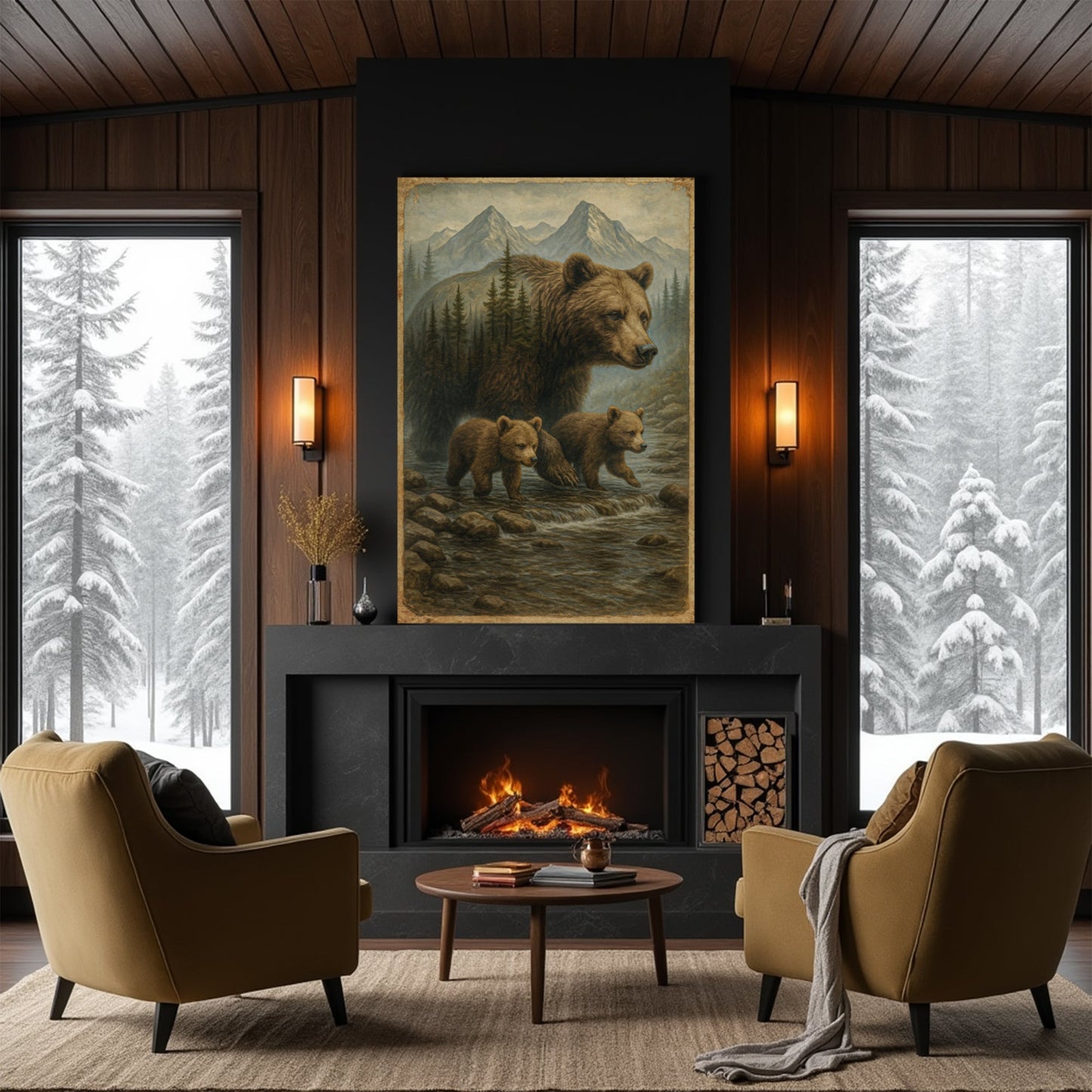 Mother Bear and Cubs Double Exposure Canvas Wall Art