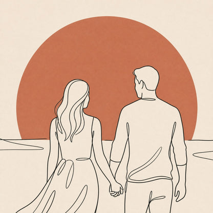 Close view of the printed artwork: two figures in clean black line work against a flat terracotta sun.