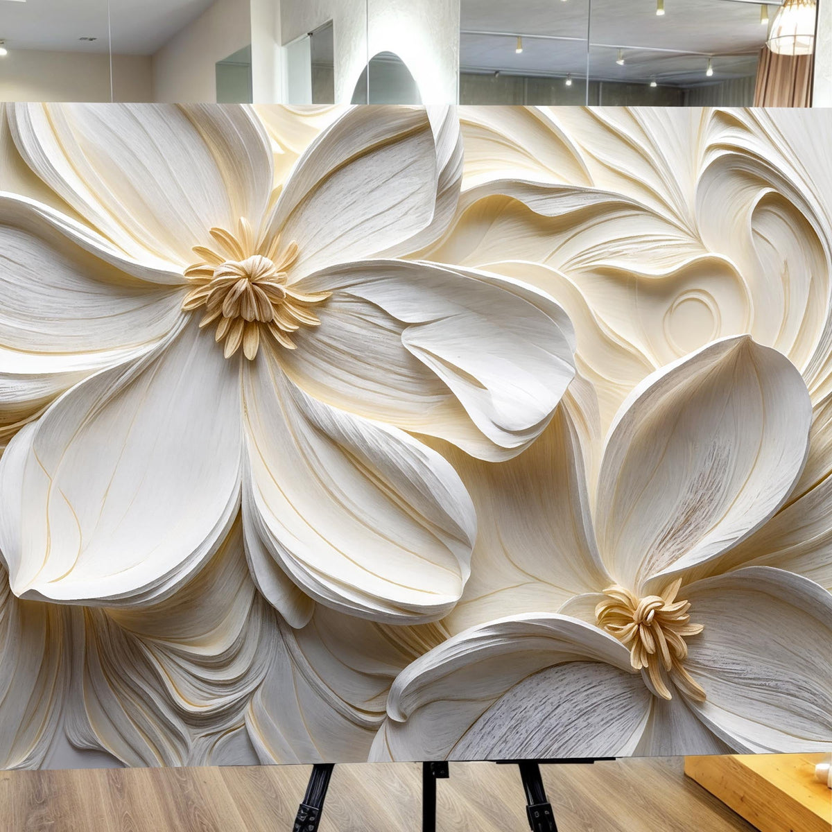 Close-up of the large white flowers canvas on a stand in a bright room