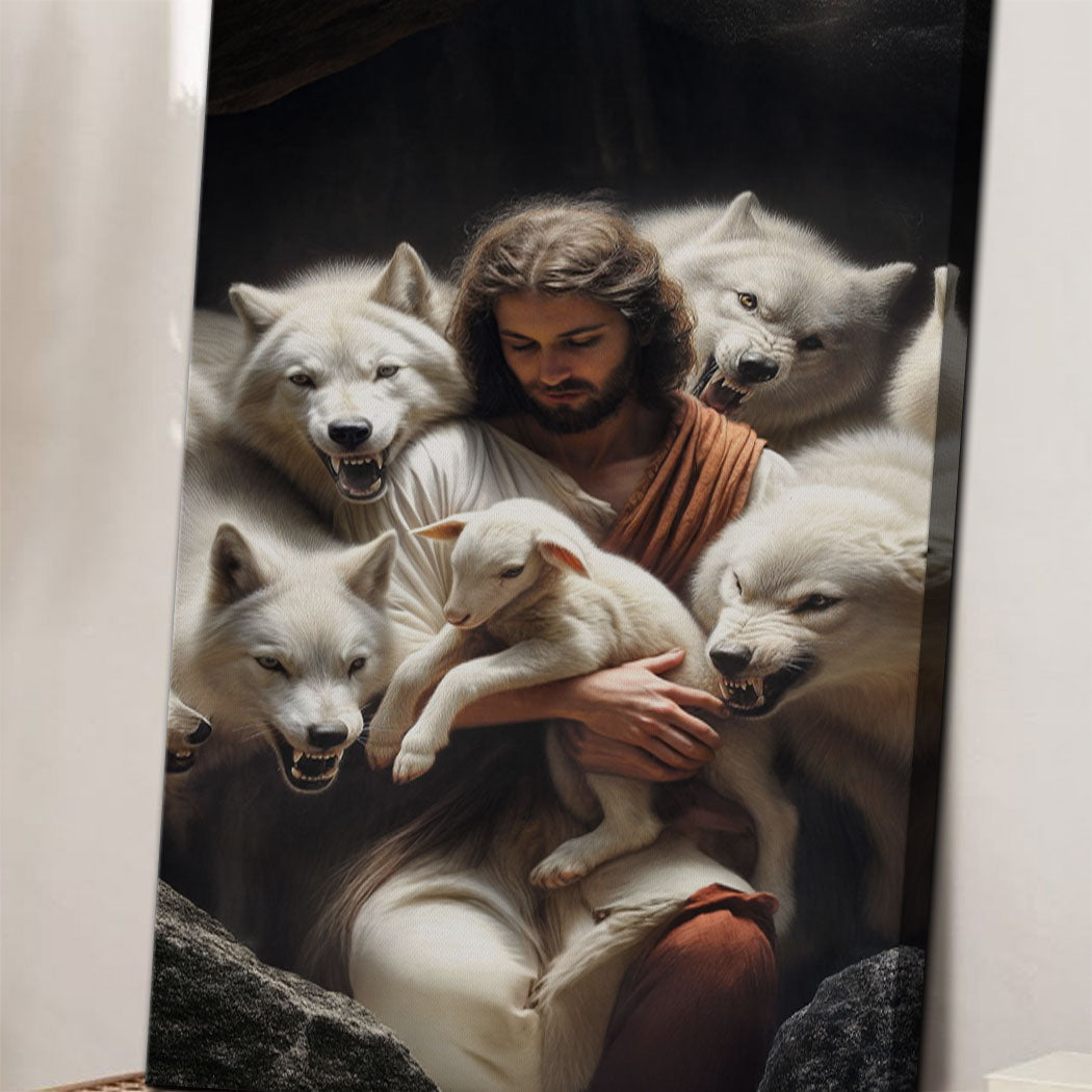 Jesus Protects the Lamb from Wolves Faith Canvas Art