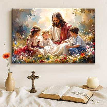 Jesus With Children in a Flower Meadow canvas shown in a styled room setting, view 5