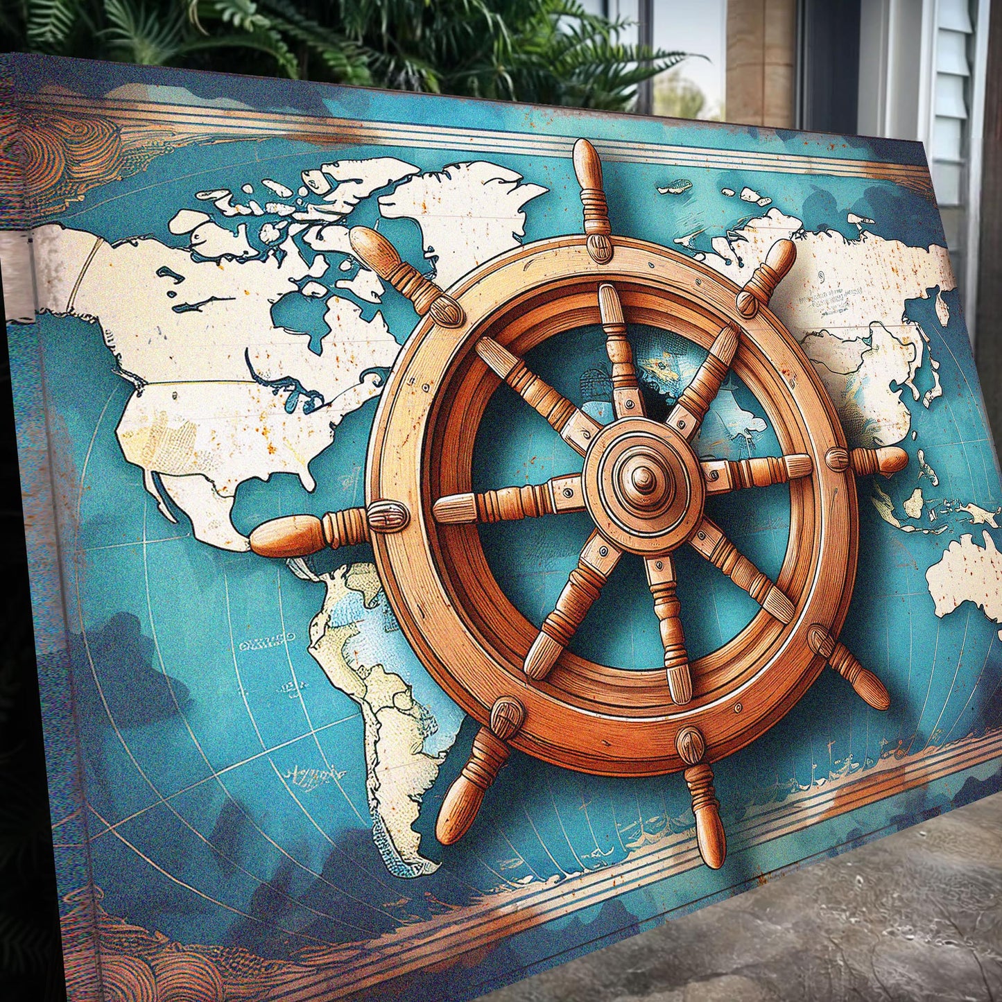 Sailboat and Ship Wheel Coastal Canvas Wall Art