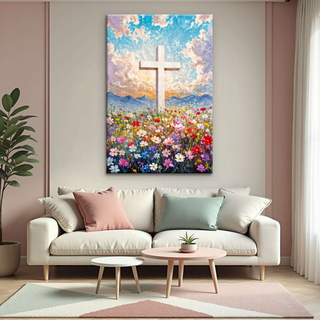 Cross Floral Field Faith Canvas Wall Art II