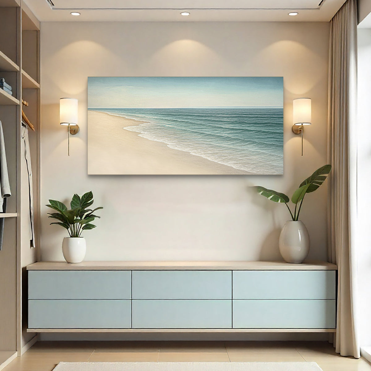 Teal Waves Rolling onto Sand canvas shown in a styled room setting, view 4