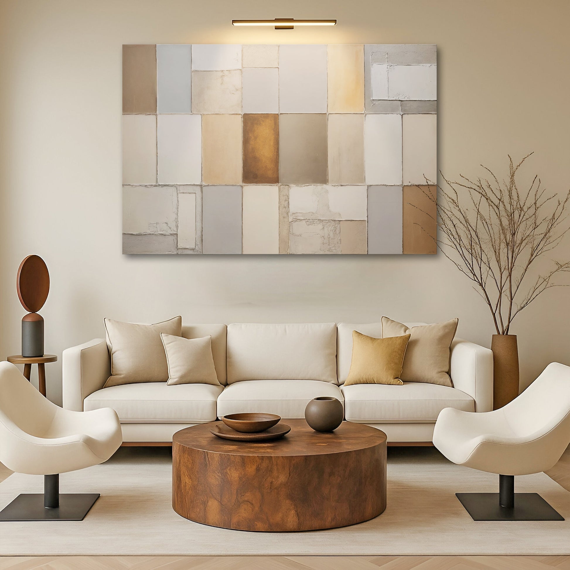 Earth tones patchwork geometric canvas wall art in structured warm palette