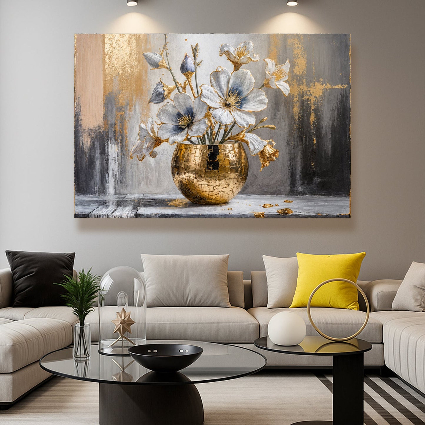 Magnolia Bloom in Gold Abstract Canvas Wall Art