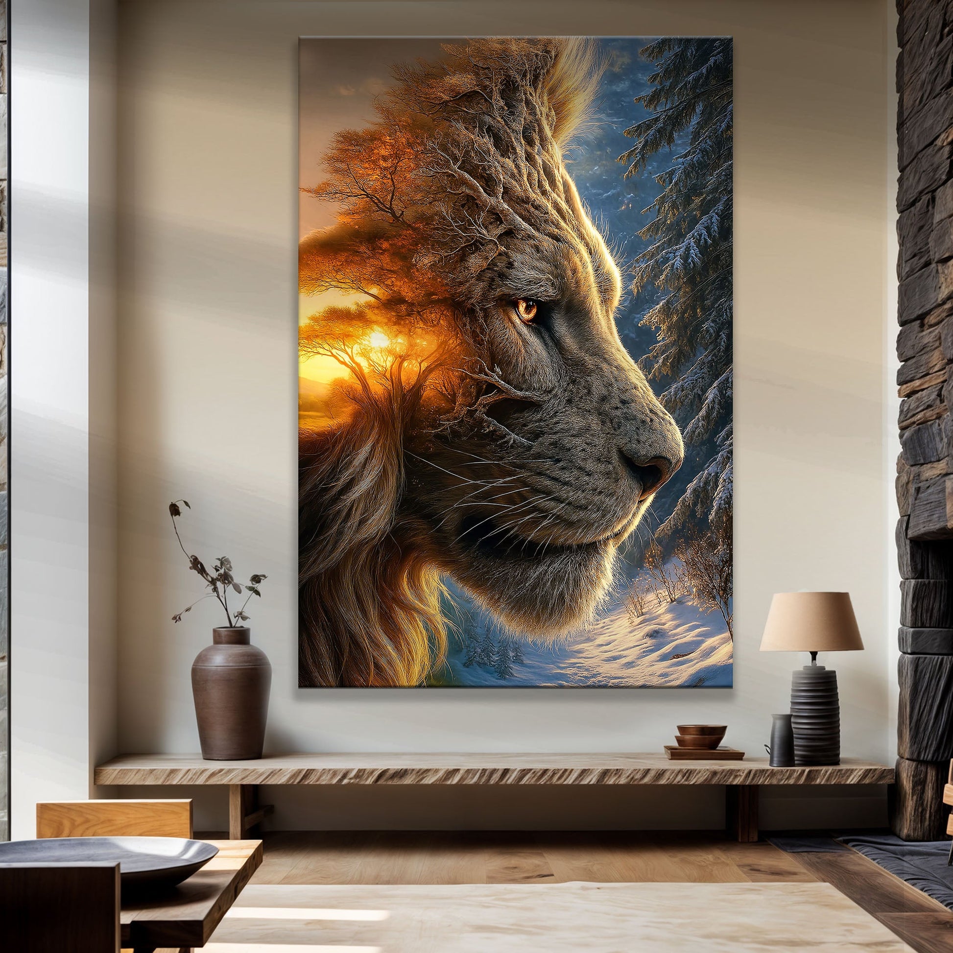 Lion winter summer surrealism canvas wall art — surreal wildlife art on gallery-wrapped canvas