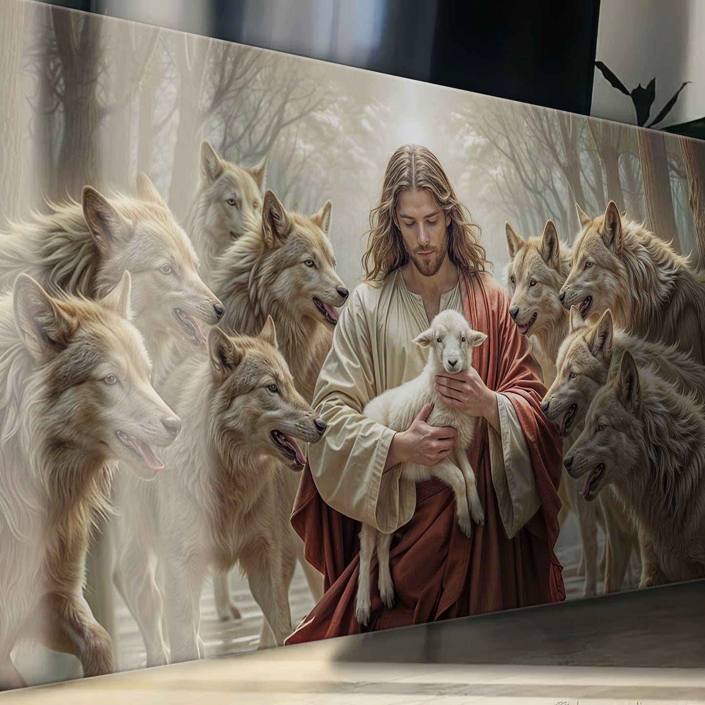 Good Shepherd Protects Lamb Canvas Wall Art Faith