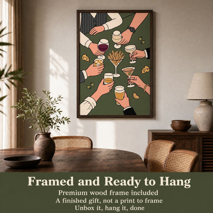 Retro cocktail print above a dining console, with a band reading framed and ready to hang