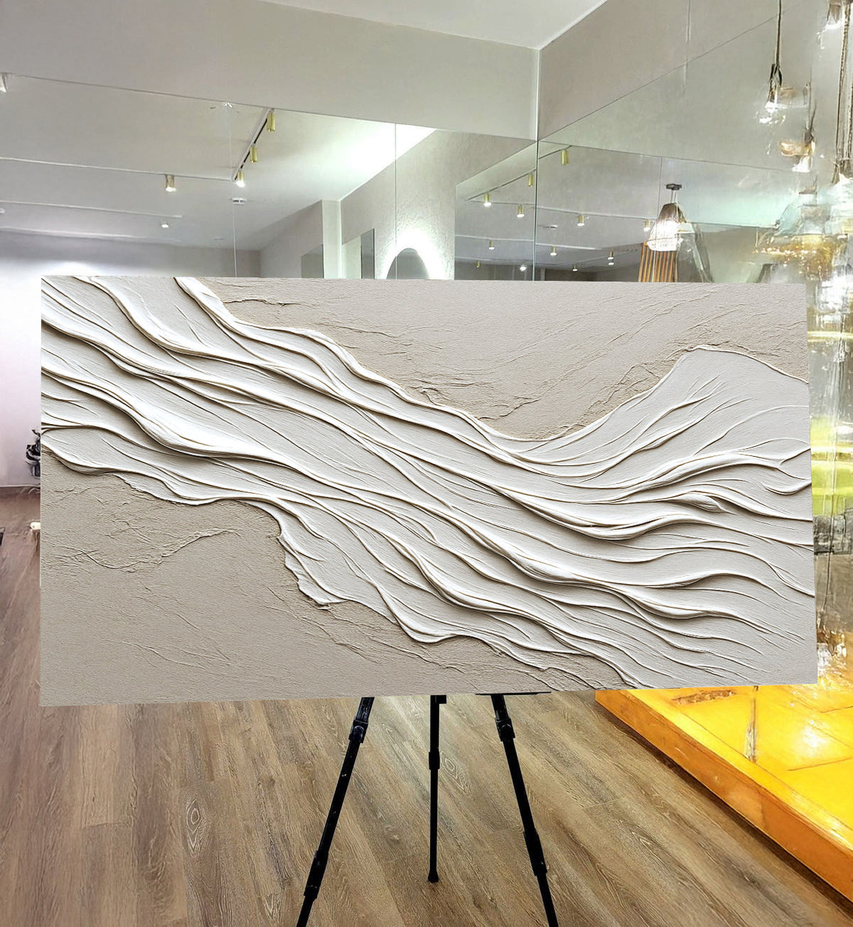Beige Rolling Waves Minimalist Abstract canvas shown in a styled room setting, view 5