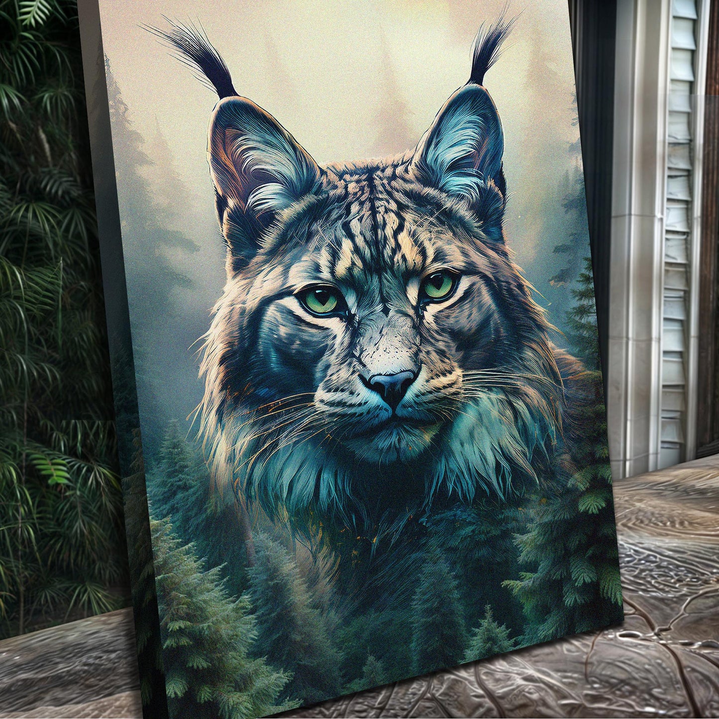 Lynx double exposure canvas wall art — wildlife art blending lynx with natural landscape
