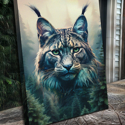 Lynx double exposure canvas wall art — wildlife art blending lynx with natural landscape