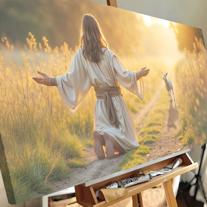 Jesus Kneeling to a Lamb Golden Meadow canvas shown in a styled room setting, view 5