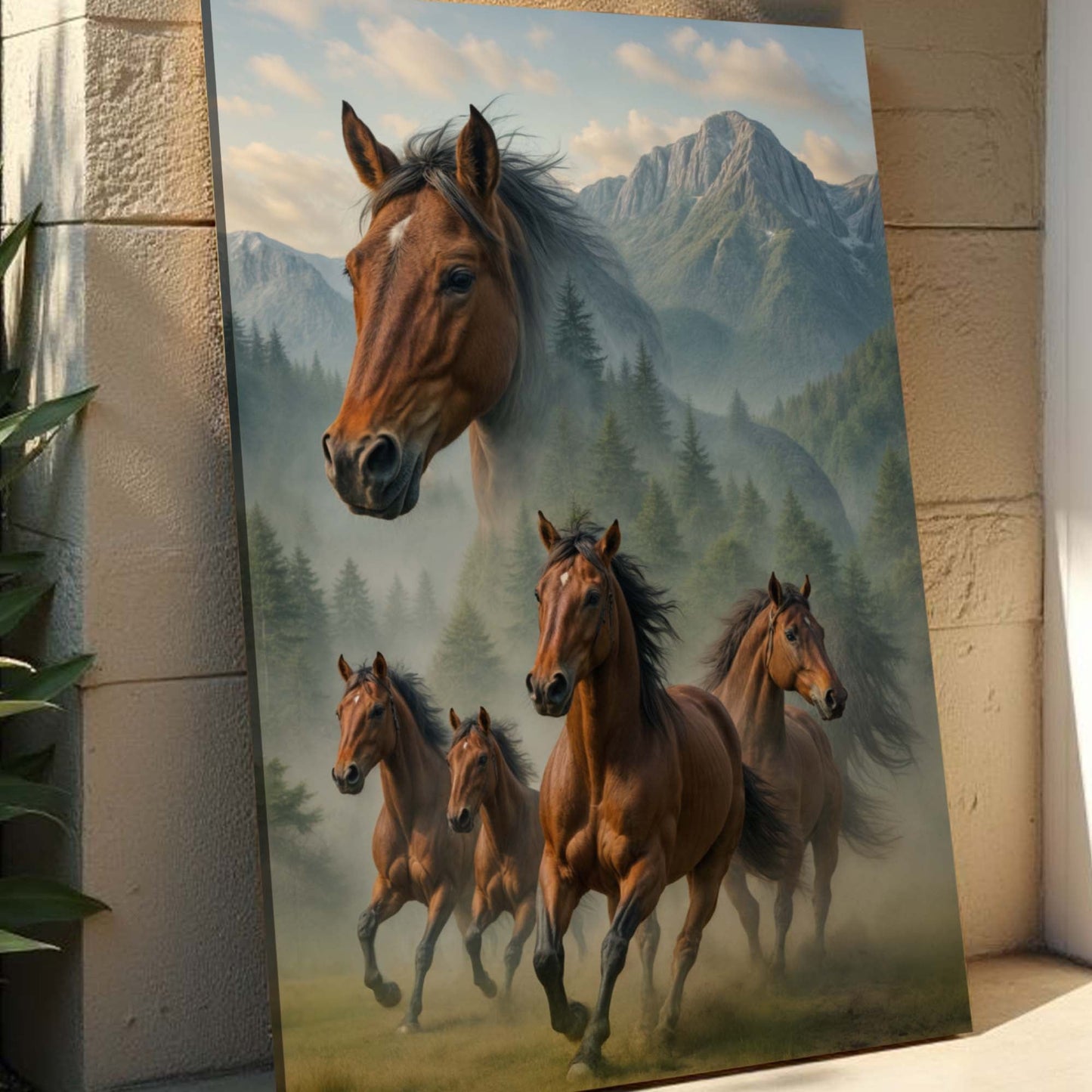 Galloping Horse Double Exposure Canvas Wall Art