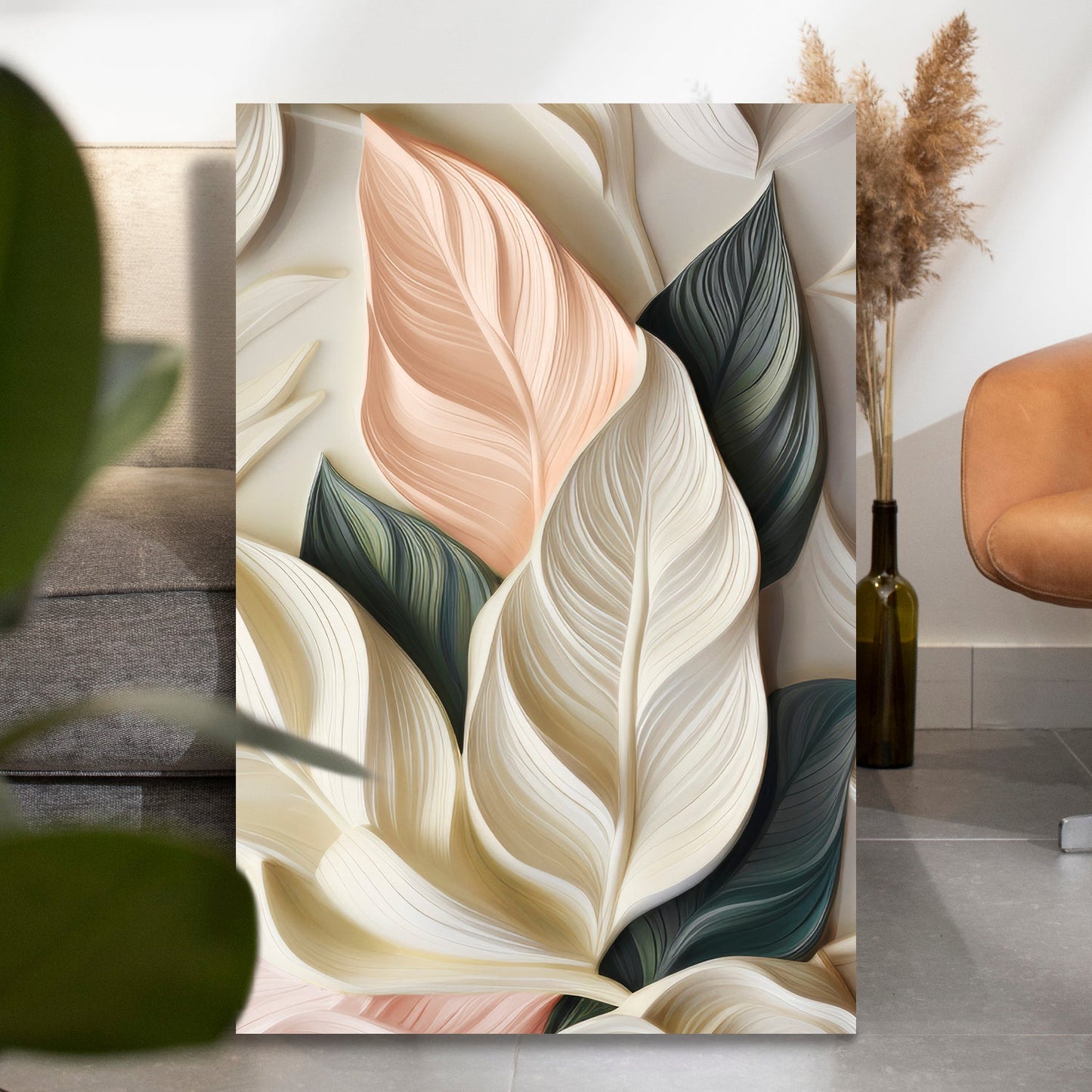 Elegant 3D Pastel Leaf Canvas Wall Art