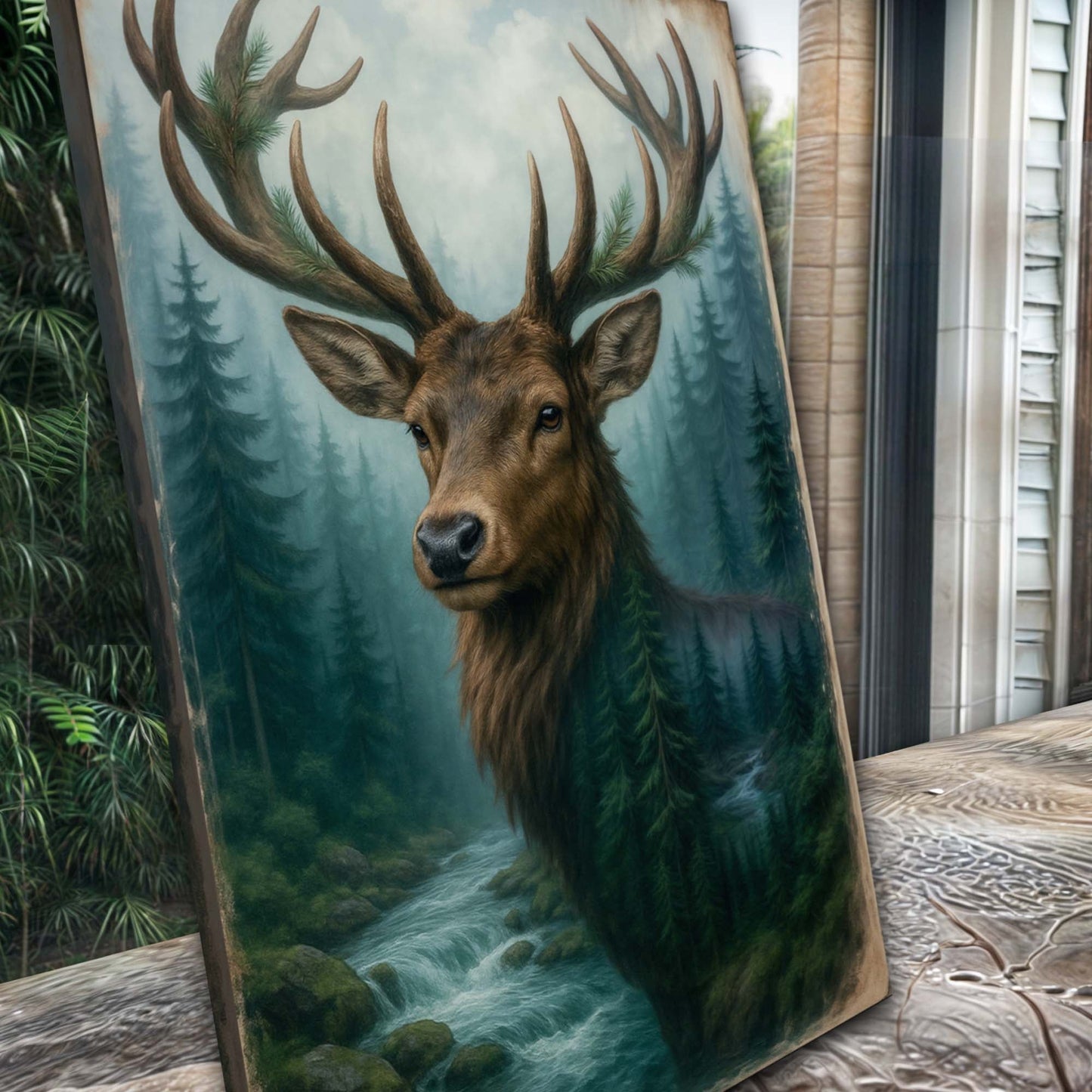 Misty Stag Double Exposure Canvas Wall Art