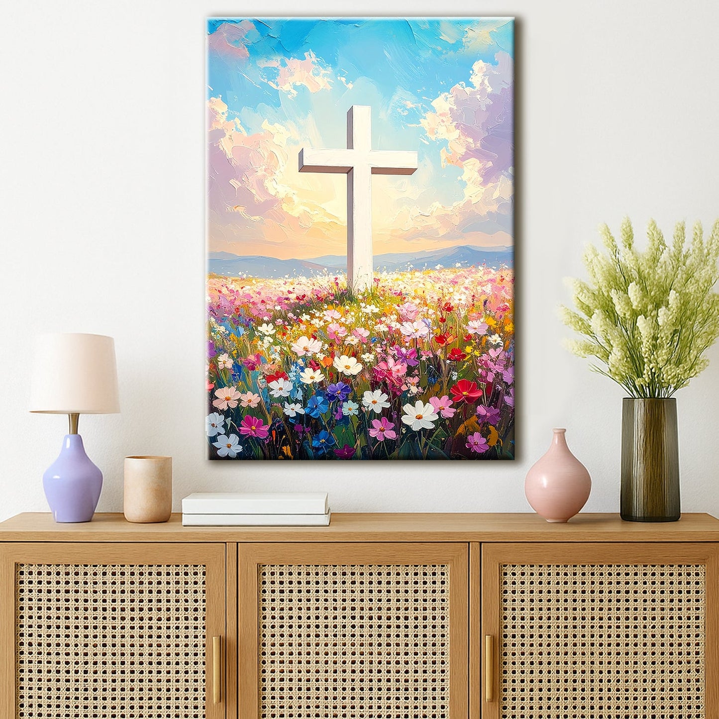 Cross Floral Field Faith Canvas Wall Art