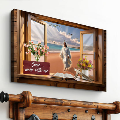 Jesus Walking on the Beach Through an Open Window canvas shown in a styled room setting, view 5