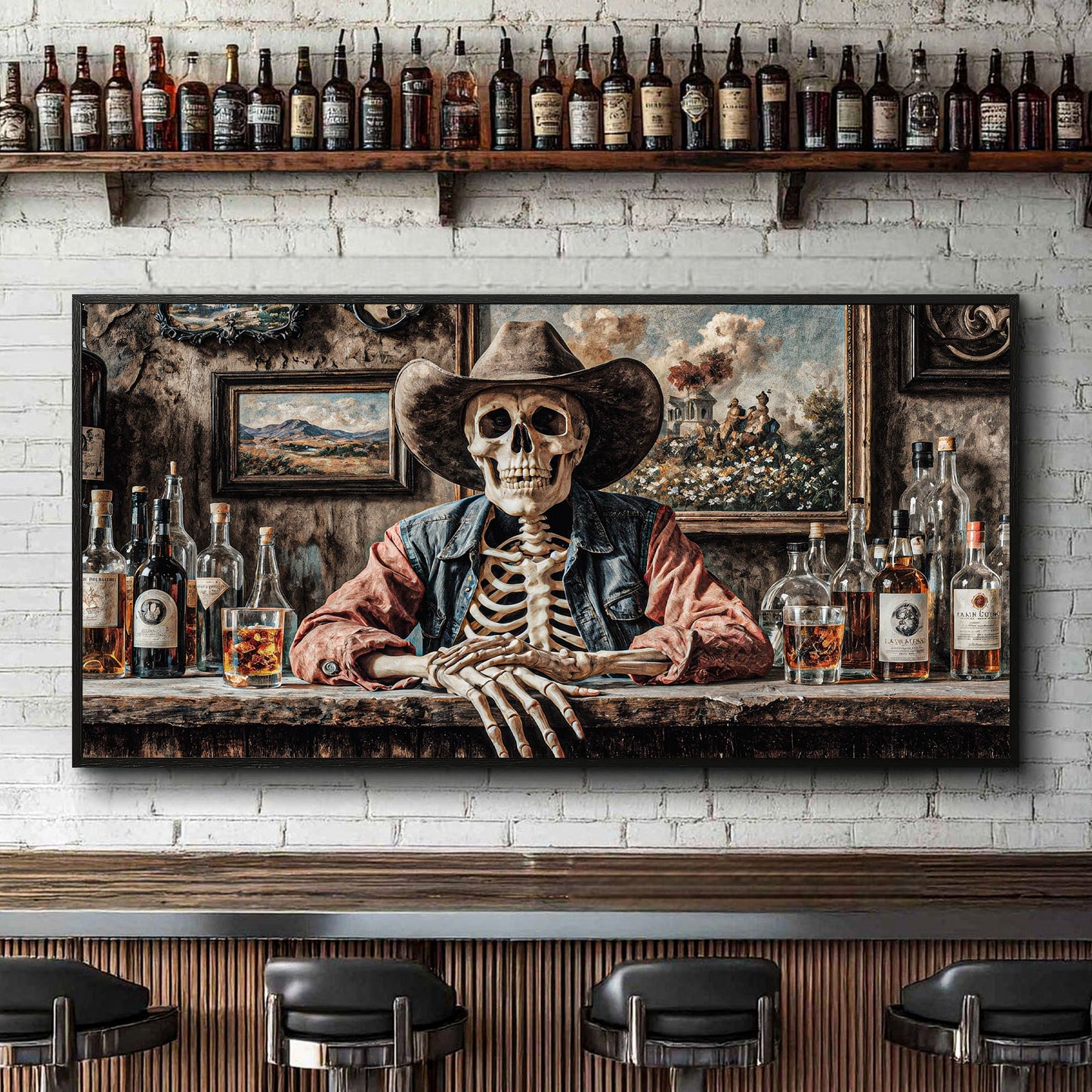 Skeleton Cowboy Barman Western Saloon Canvas Wall Art