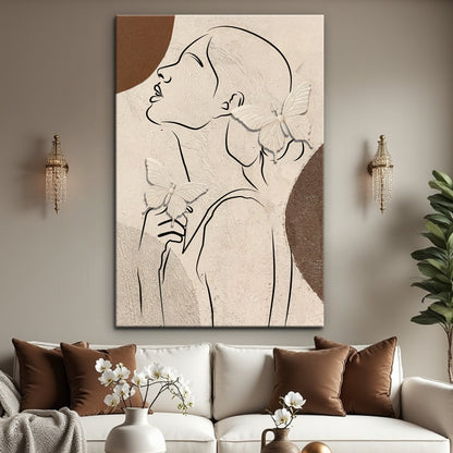 Woman Profile Line Art with Earth Tone Shape canvas shown in a styled room setting, view 5