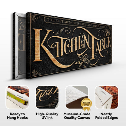 Kitchen Table sign canvas front and side, with text: Ready to Hang Hooks, High-Quality UV Ink, Museum-Grade Quality Canvas, Neatly Folded Edges