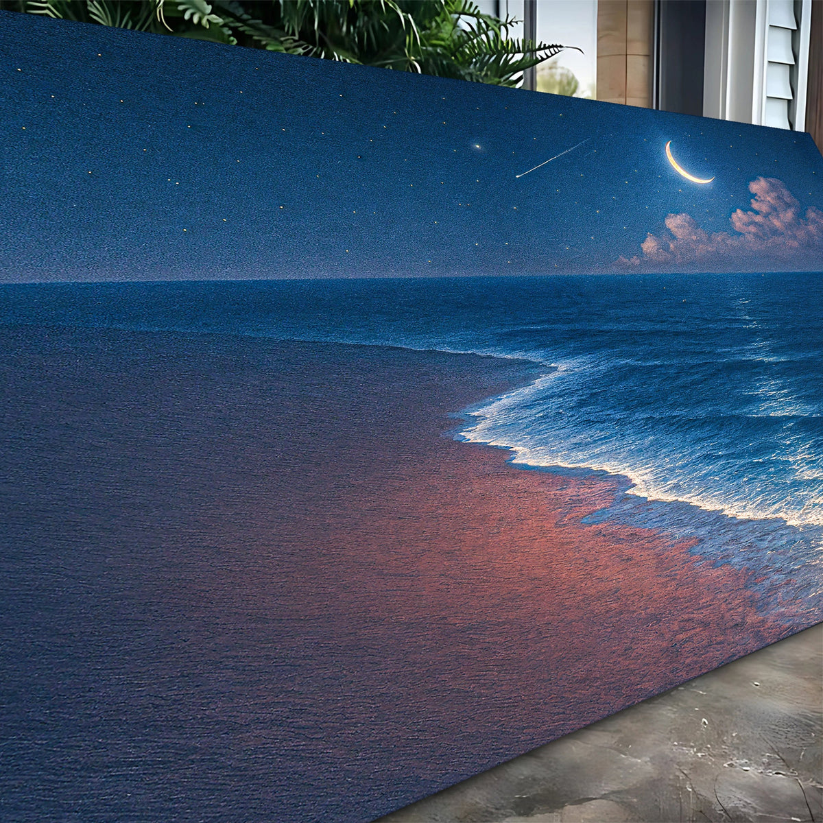 Crescent Moon Beach at Night canvas shown in a styled room setting, view 5
