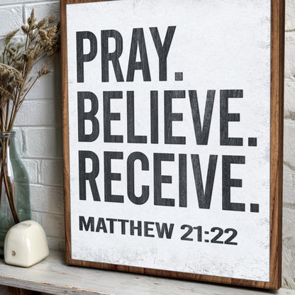 Pray Believe Receive Bold Block Letter canvas shown in a styled room setting, view 5