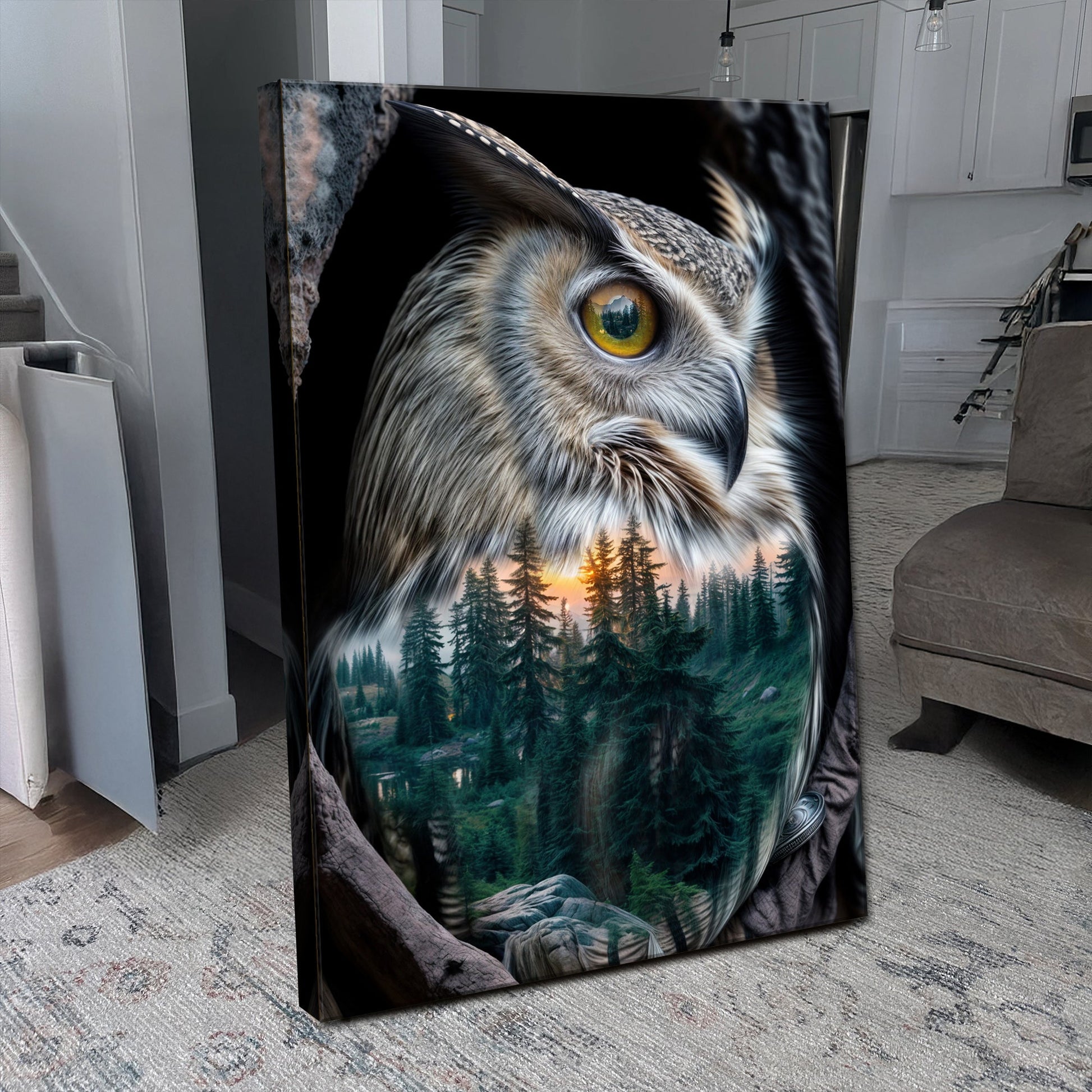 Owl double exposure canvas wall art with layered wildlife nature scene