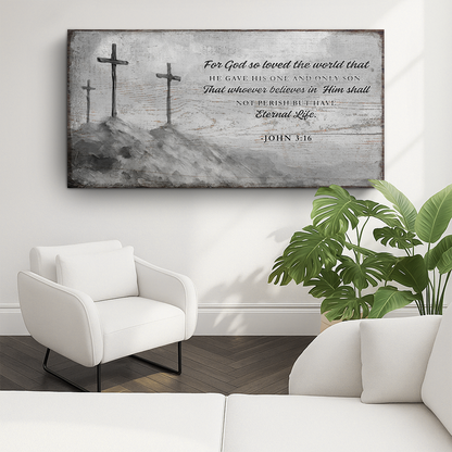 John 3:16 Three Crosses Grey Sign canvas shown in a styled room setting, view 5