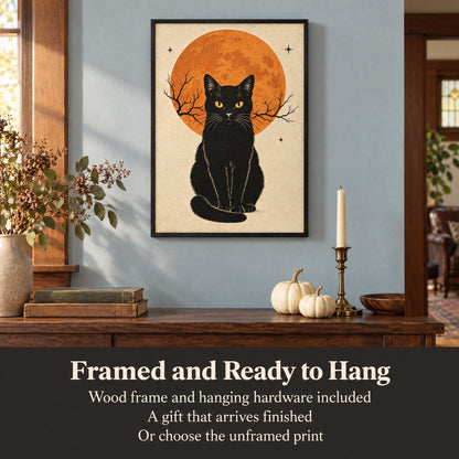 Framed and ready to hang, wood frame and hardware included: what you get with the vintage black cat print