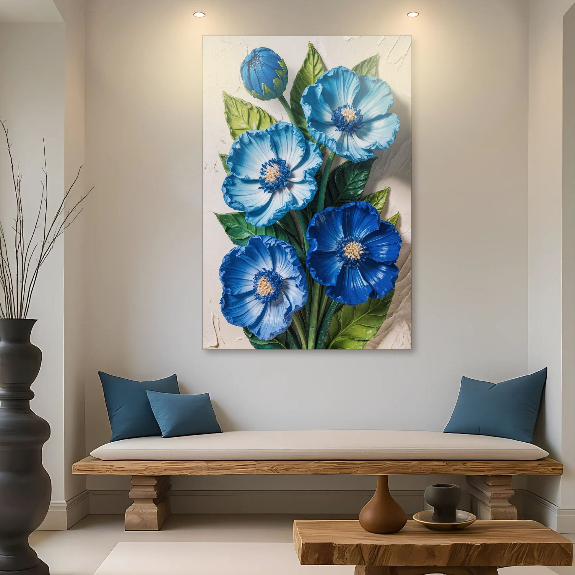 Blue blossom bouquet floral canvas wall art with cool blue tones delicate flowers