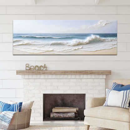 Ocean wave seascape canvas wall art in soft blue tones, ready to hang