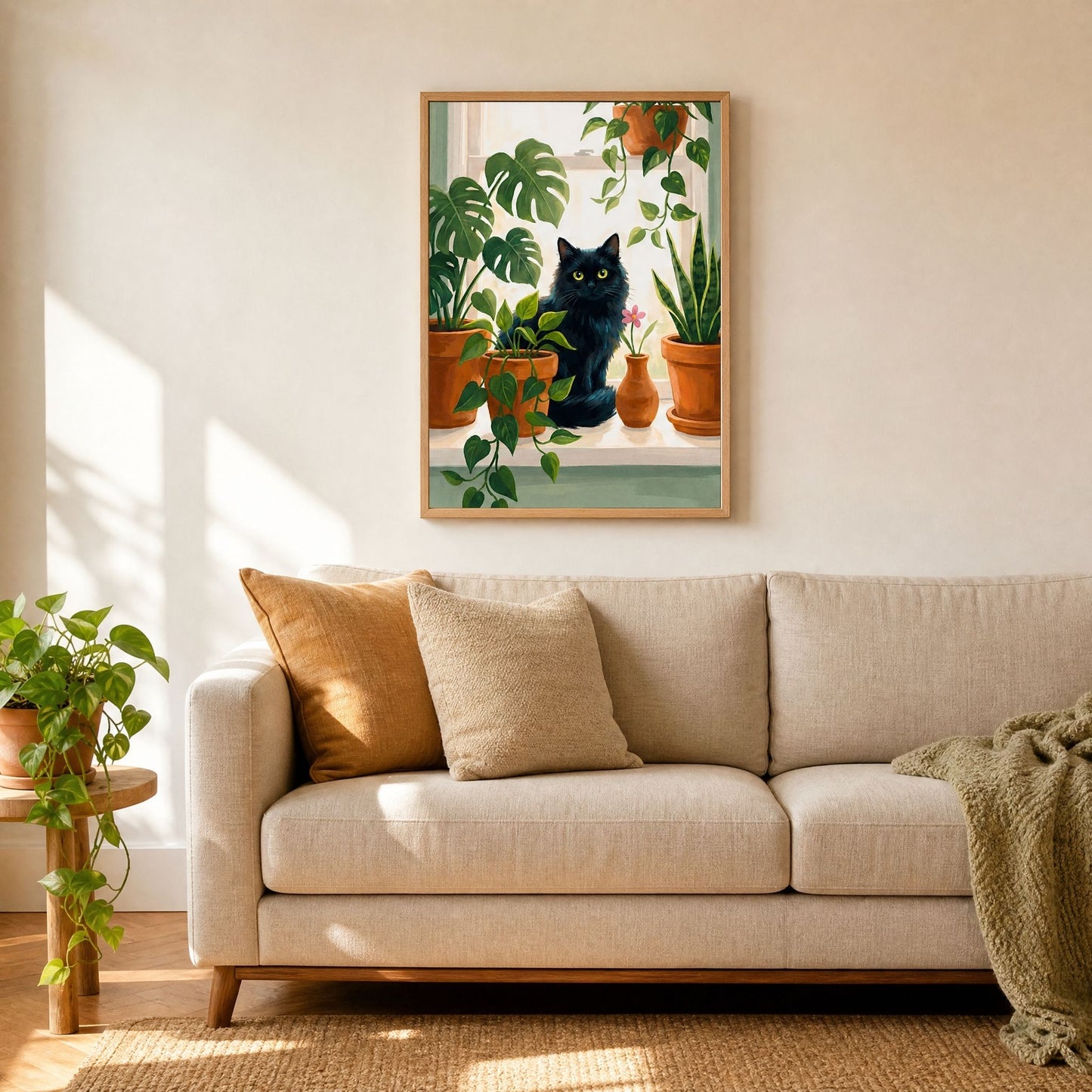 Framed black cat and monstera wall art hung above an oatmeal linen sofa in a sunlit living room