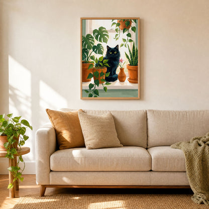 Framed black cat and monstera wall art hung above an oatmeal linen sofa in a sunlit living room