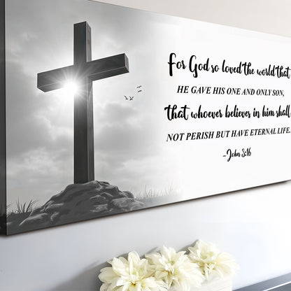 John 3:16 Grey Cross and Sunburst Sign canvas shown in a styled room setting, view 5