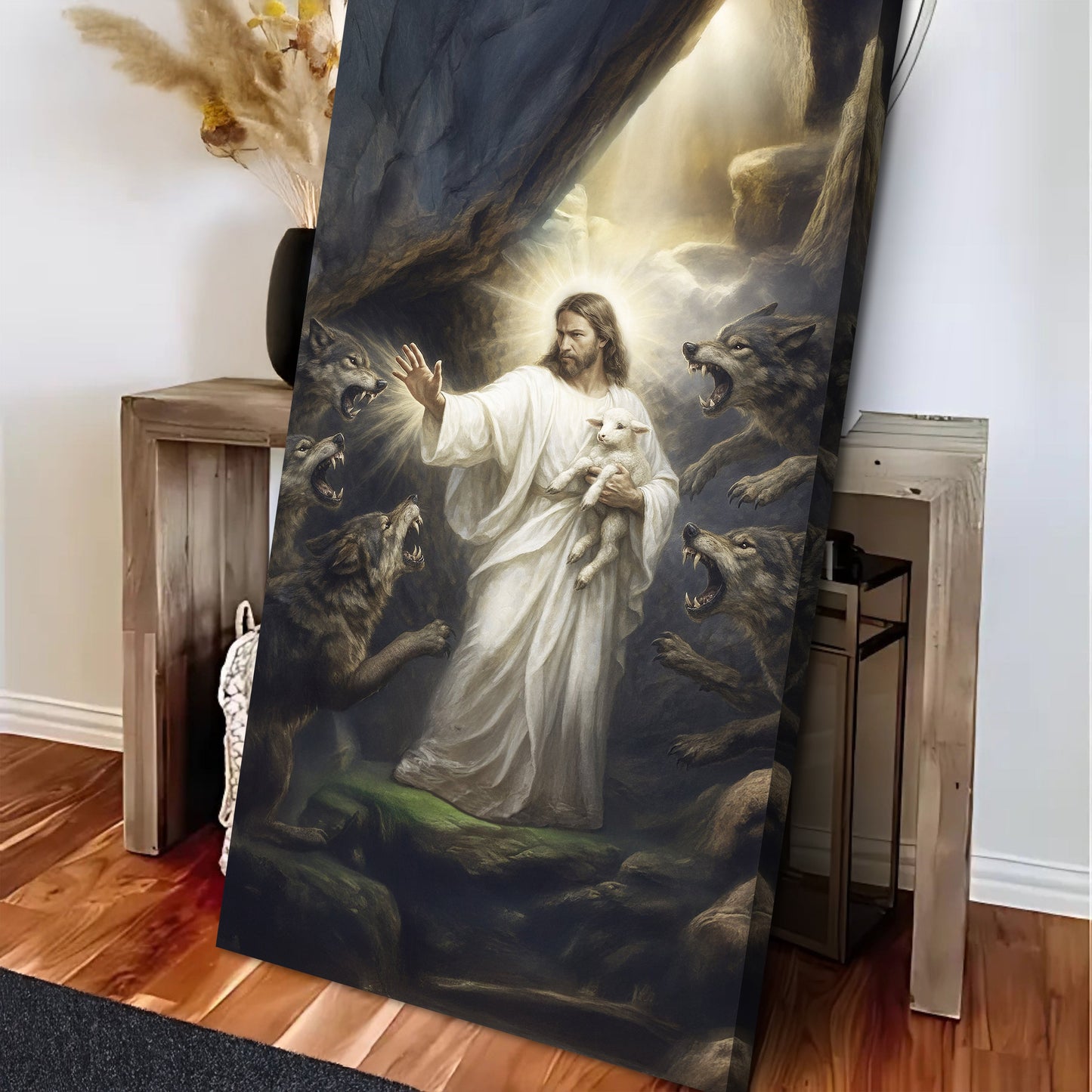 Faith Canvas Print Jesus and Lamb Protected from Wolves
