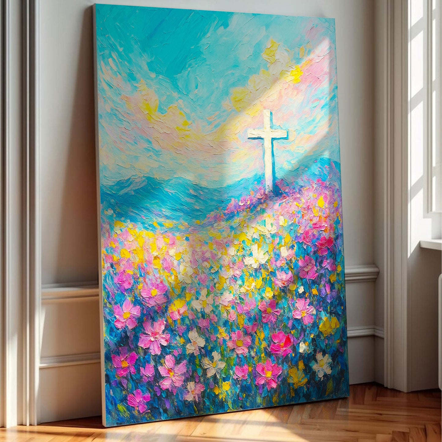 Cross Floral Field Faith Canvas Wall Art III