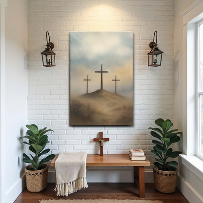 Three Crosses on a Misty Hill in Blue Grey canvas shown in a styled room setting, view 5