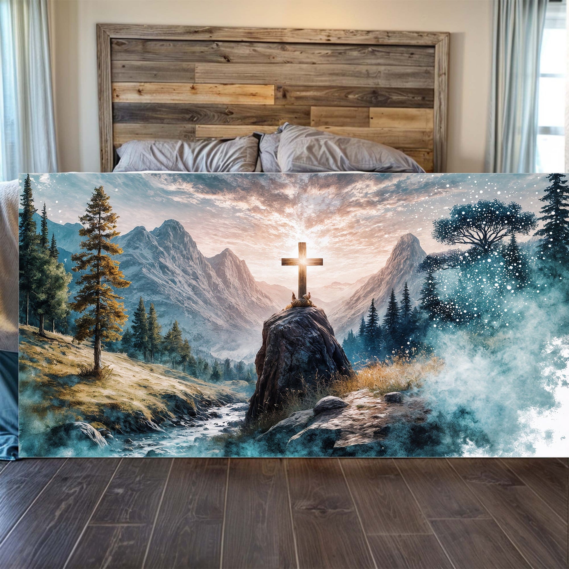Cross On A Hill faith canvas wall art with a calm peaceful mood, ready to hang