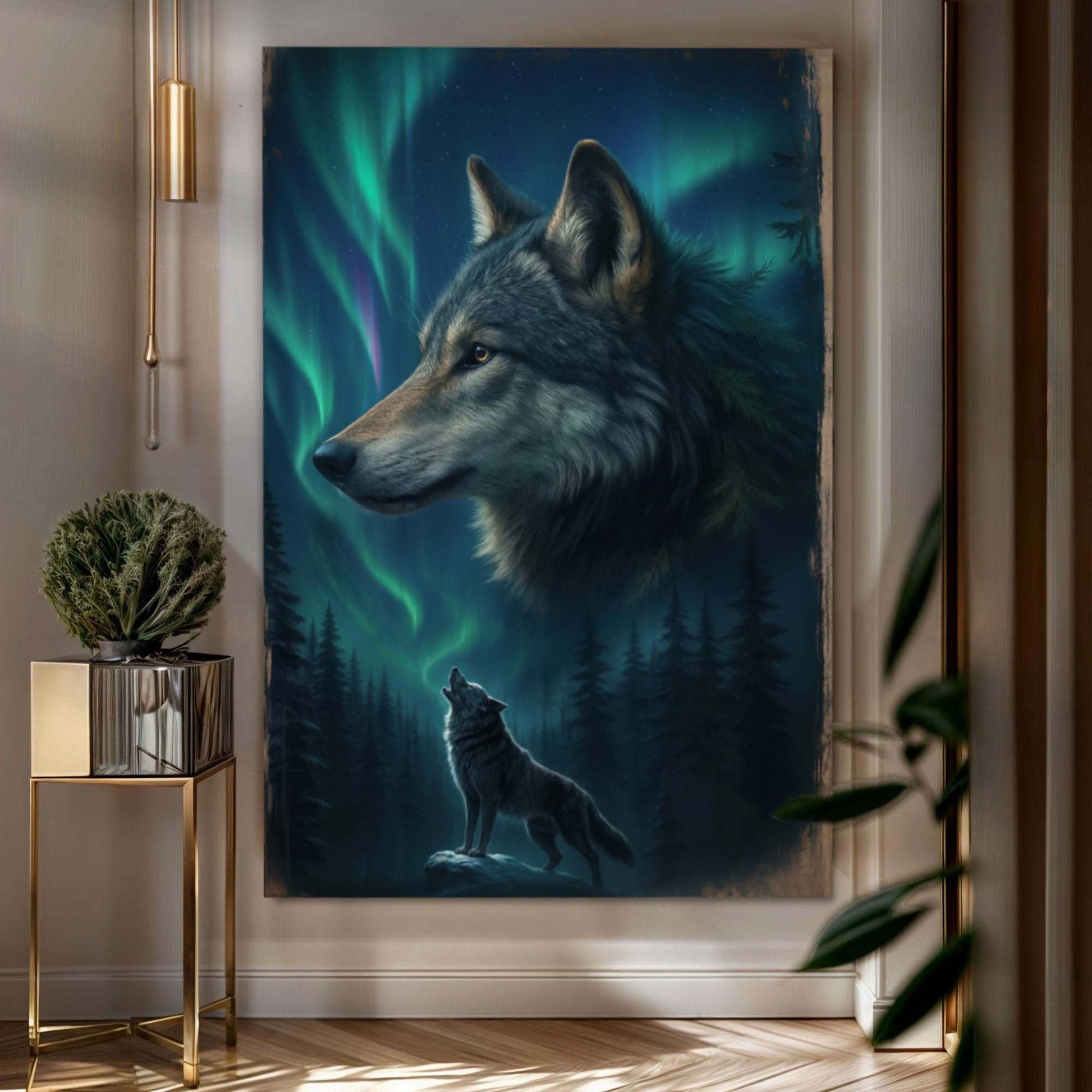 Wolf double exposure canvas wall art IV, layered wildlife and scenic composition
