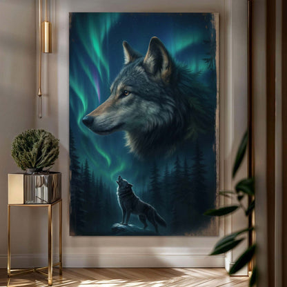 Wolf double exposure canvas wall art IV, layered wildlife and scenic composition