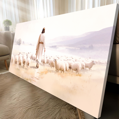 Jesus Leading White Sheep Pink Light canvas shown in a styled room setting, view 5