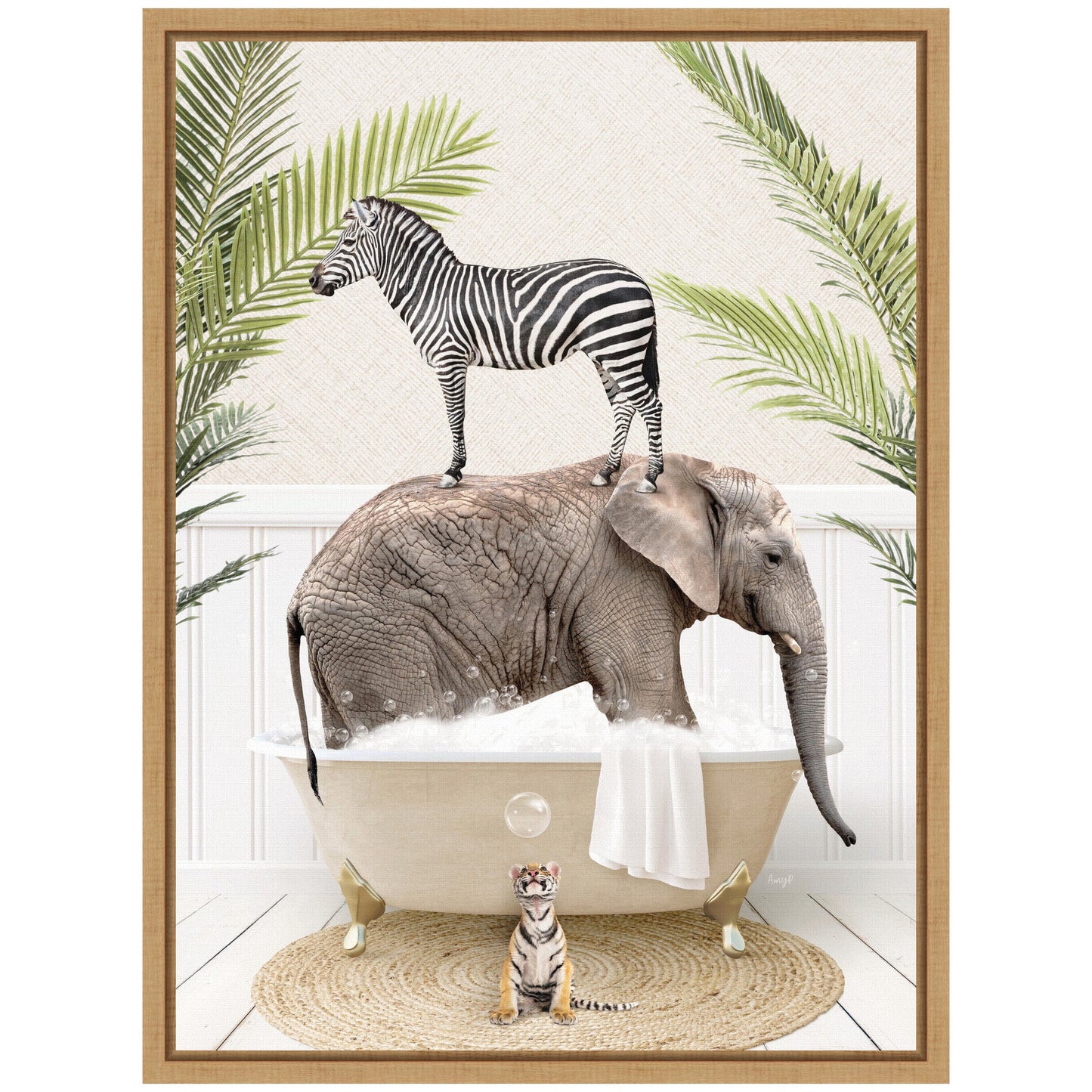 Safari Animals in Palm Bath Framed Canvas Wall Art
