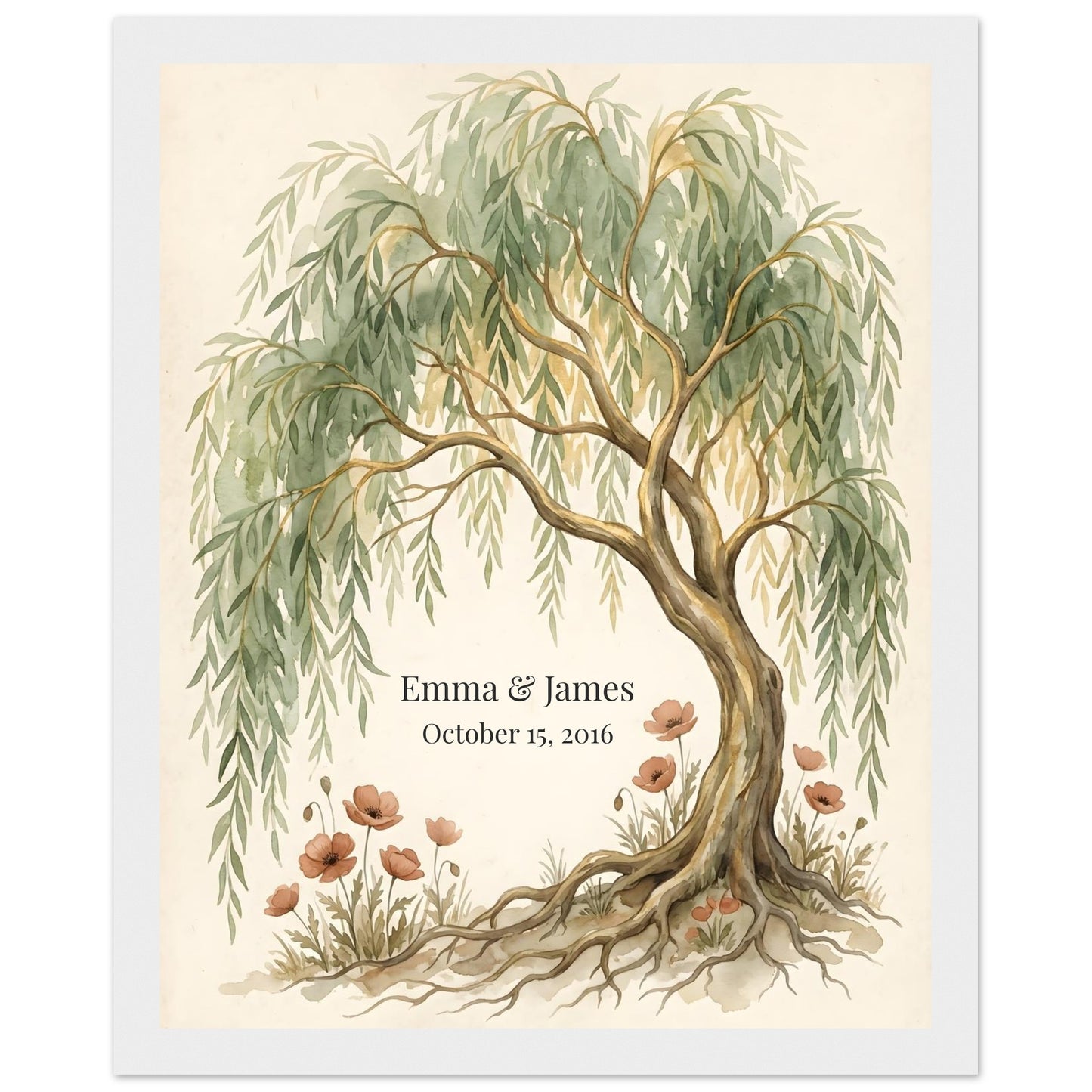Personalized Willow Tree 9th Anniversary Wall Art - 20x25 cm / 8x10″ - White frame / Ready-to-hang - Sparkycare