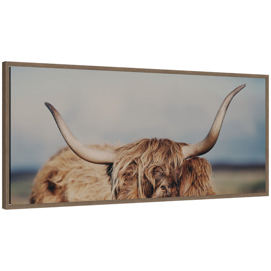 Highland cow close panel framed canvas wall art in a dark gold frame