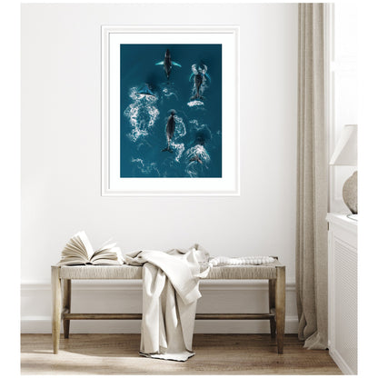 Framed Art School of Humpback Whales in the Blue Ocean by Michael Schauer