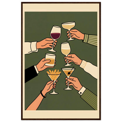 Retro Cheers Cocktail Toast Wall Art, Framed Bar Decor - 60x90 cm / 24x36″ - Dark wood frame / Ready-to-hang - Sparkycare